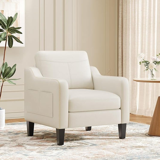 MALOL PU Leather Accent Chair, Mid-Century Modern Living Room Armchair Sofa with Removable Cushions, Solid Wood Frame & Stitched Armrest Design, Bedroom Chair with Plastic Legs, Beige