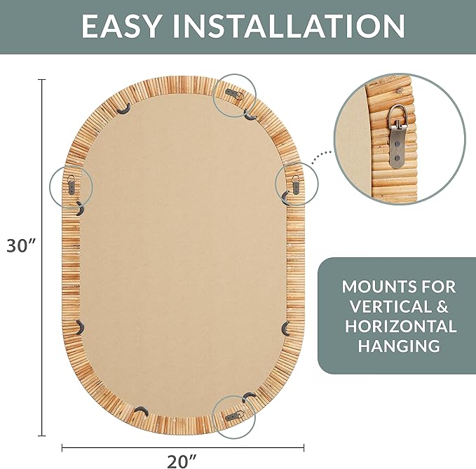 Barnyard Designs Oval Rattan Wall Mirror, Natural Tan Woven Rattan Frame, Indoor Decorative Mirror for Bedroom Living Room Entryway (20" x 30", Oval)