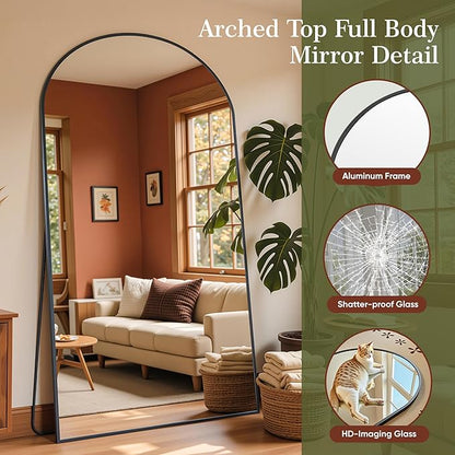 Full Length Mirror, 82"x44" Arched Full Body Mirror, Oversized Floor Mirrors, Leaning Free Standing Mirrors, Hanging Mounted Large Mirrors for Bedroom Dressing Room, Cloakroom, Black