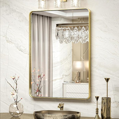 TokeShimi Bathroom Mirror for Wall 24 x 32 Inch Gold Brushed Brass Metal Rounded Corner Rectangle Mirror Wall Mirror in Metal Frame