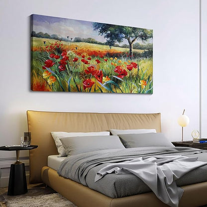 Wall Decor for Living Room Large Wall Art Green Trees Red Yellow Flowers Canvas Art Wall Decor for Bedroom Modern Home Decor Framed, Nature Prints Artwork Wall Decorations 24x48