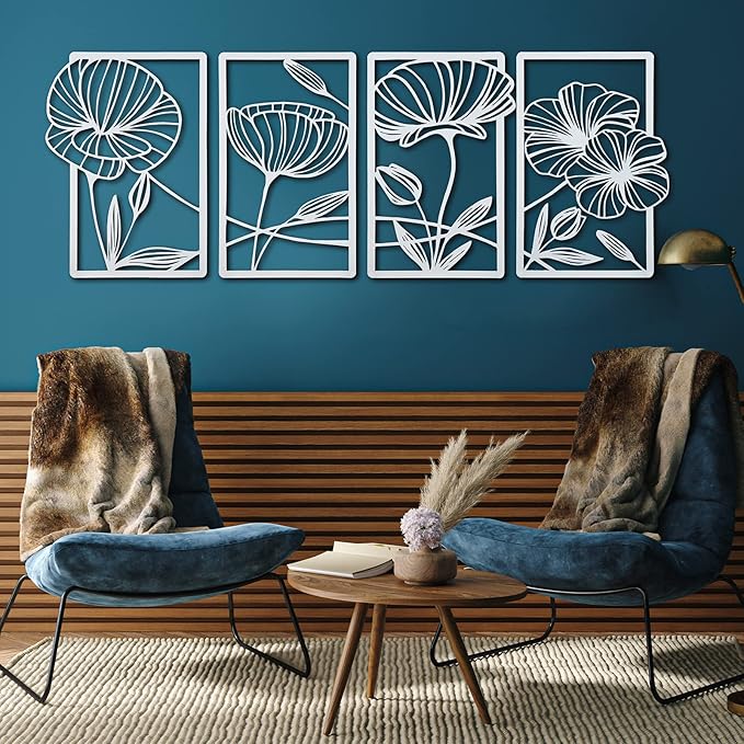 4 Pcs Metal Wall Art 16.5 x 11.8'' Line Art Wall Decor Floral Minimalist Decor Hanging Flower Aesthetic Modern for Living Room Bedroom Bathroom Kitchen Decoration(White)