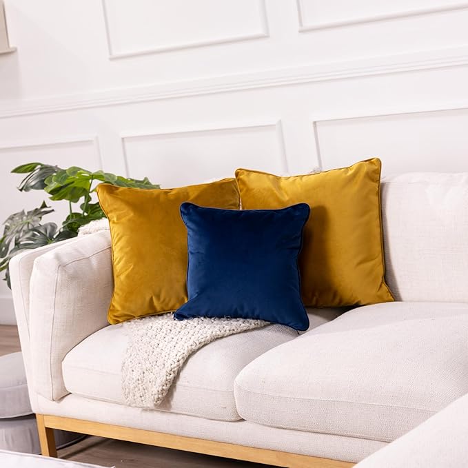 FDP 15" x 15" Velvet Square Pillow Set with Piping; Decorative Throw Pillow for Home Décor in Living Room, Bedroom or Lounge (2-Pack) - Eclipse, 15157-348