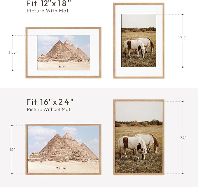 16x24 Wood Frame, Solid Oak 16x24 Poster Frames with Mat to 12x18(Openning Size is 11.7x17.7), Natural Oak 24x16 Frame, Set of 3