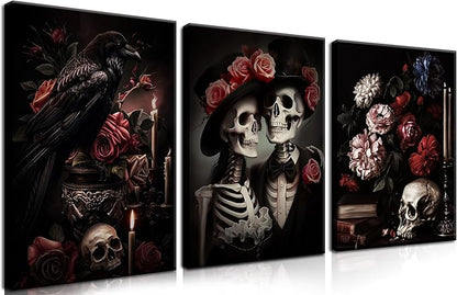 Gothic Canvas Wall Art Set of 3, Red Rose Skull Wall Decor Paintings, Dark Romantic Crow Goth Halloween Aesthetic Posters Prints for Bathroom, Living Room, Gallery, Home Decor 16x24Inch Framed