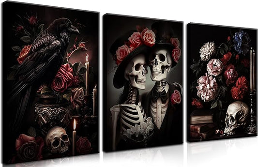 Gothic Canvas Wall Art Set of 3, Red Rose Skull Wall Decor Paintings, Dark Romantic Crow Goth Halloween Aesthetic Posters Prints for Bathroom, Living Room, Gallery, Home Decor 16x24Inch Framed