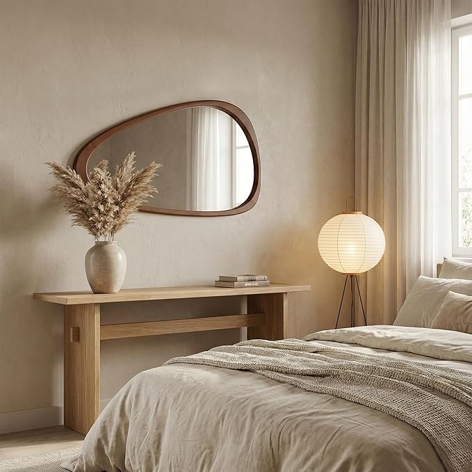 Solid Wood 48"x24" Large Full Length Irregular Mirror, Aesthetic Mid-Century Modern Statement Wall-Mounted Mirror, Modern Organic Asymmetrical Wooden Mirror, Dark Walnut