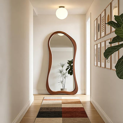 Large Irregular Mirror, 67"x31.5" Asymmetrical Full Length Mirrors with Solid Wood Frame, Premium Aesthetic Floor Mirror for Living Room Entryway Hallway Bedroom Cloakroom, Leaning/Hanging