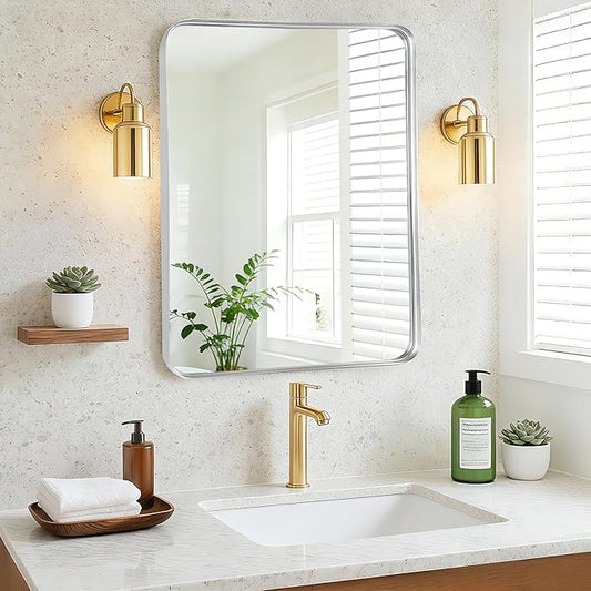 Bathroom Mirror - 24x30 Inch Silver Framed Sink Mirror for Bathroom, Brushed Metal Frame Rectangle Mirror for Restroom, Entryway