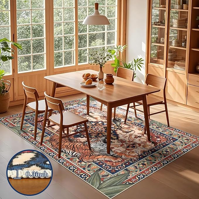 Tiger Washable Area Rugs for Living Room 5x7Ft Non Slip, Botanical Jungle Bedroom Rugs, Soft Boho Animal Printed Kids Nursery Floor Carpets for Dining Room Dorm Farmhouse Office, Red Blue