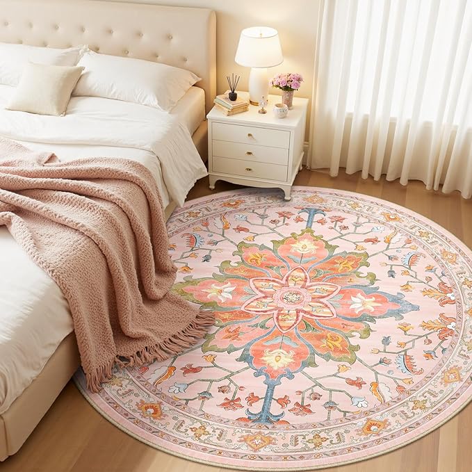 RELEANY Area Rugs Round 6ft Washable Non-Slip, Floral Vintage Distress Print Pattern Medallion Carpet for Living Room Bedroom Dining Room, Light Pink Colorful