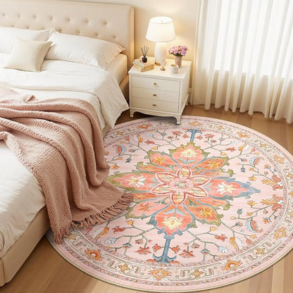 RELEANY Area Rugs Round 6ft Washable Non-Slip, Floral Vintage Distress Print Pattern Medallion Carpet for Living Room Bedroom Dining Room, Light Pink Colorful