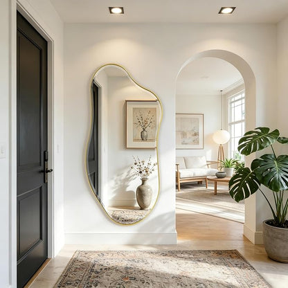 POZINO Large Irregular Beveled Mirror, 63"x31.5" Premium Asymmetrical Full Length Mirror with Gold Metal Frame, Organic Wall Mirrors for Living Room Bedroom Hallway Entryway, Horizontal/Vertical