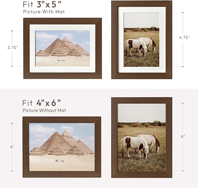 4x6 Picture Frame, Solid Oak Wood 4x6 Picture Frames with Mat to 3x5(Openning Size is 2.75x4.75), Natural Oak 6x4 Frame, (Walnut Set of 2)