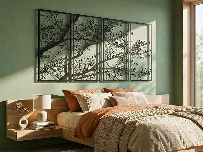 Vailla Tree of Life Wall Decor 4pcs Wooden Wall Art 3D Wall Hanging Wooden Sculpture Modern Wall Home Decoration Textured Sculptures for Living Room Bedroom Office Dinnig Room