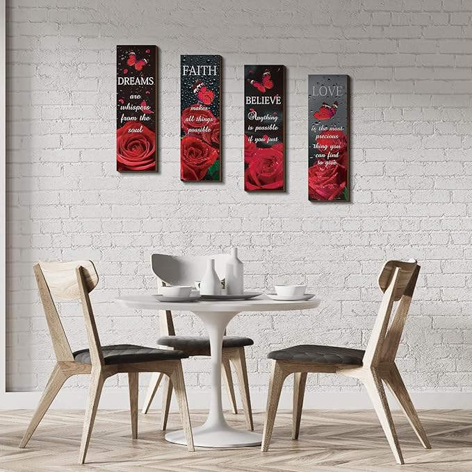 Qunclay 4 Pcs Red Bathroom Decor Red Rose Wooden Wall Decor Dream Faith Believe Love Inspirational Quote Wooden Sign Rustic Floral Butterfly for Women Home Bathroom Bedroom Living Room