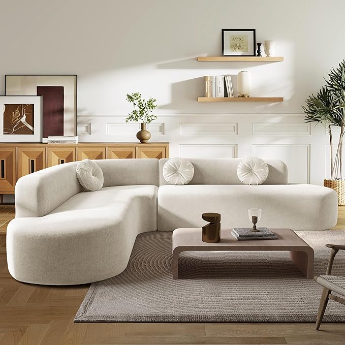 Deep Seat Curved Sectional Sofa - Cloud Round Couch with Elegant Curved Design & 3 Round Cushions, L-Shaped Comfy 4 Seater Floor Sofa, No Assembly Required (Beige)