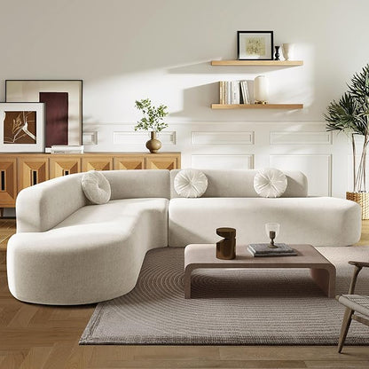 Deep Seat Curved Sectional Sofa - Cloud Round Couch with Elegant Curved Design & 3 Round Cushions, L-Shaped Comfy 4 Seater Floor Sofa, No Assembly Required (Beige)