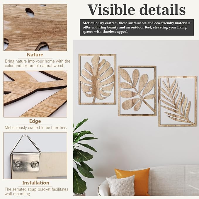 3PCS Wall Art Decor Leaf Sign Walls Vintage Tropical Plant Wall Rustic Palm Leaf, Wood Decorative Board, Rustic Wall Panel for Living Room/Bedroom, Solid Wood Backdrop for Shelves & Home Decoration(Khaki，Style2)