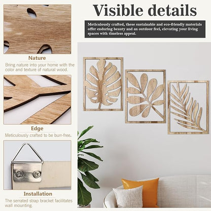 3PCS Wall Art Decor Leaf Sign Walls Vintage Tropical Plant Wall Rustic Palm Leaf, Wood Decorative Board, Rustic Wall Panel for Living Room/Bedroom, Solid Wood Backdrop for Shelves & Home Decoration(Khaki，Style2)