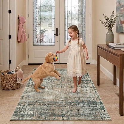 Rugxara 3x5 Washable Entryway Rug, Non Slip Boho Runner Rugs for Hallway, Entrance, Kitchen, Bathroom, Laundry Room, Soft Entryway Carpet, Throw Low Pile Retro Imitation Wool Carpet, Moss