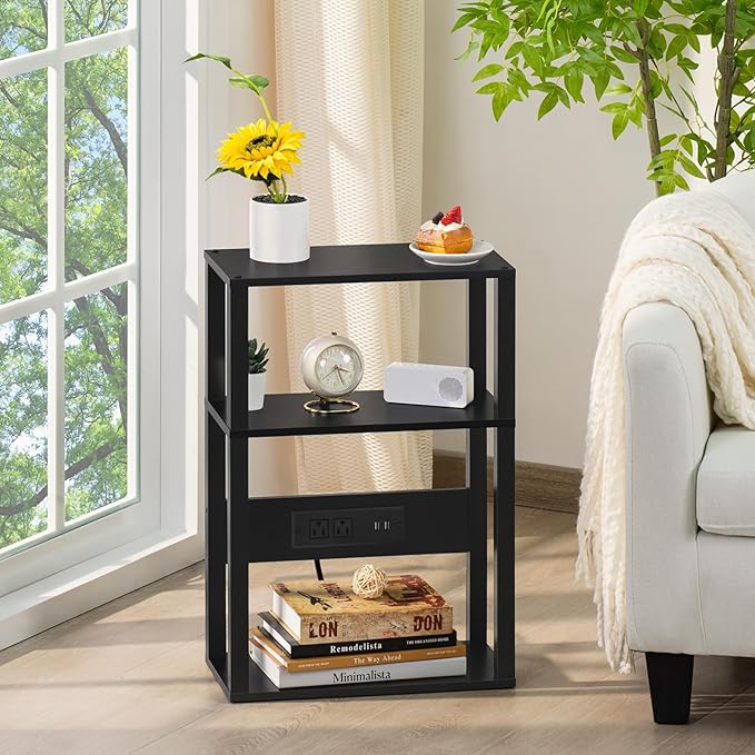 YUFAM 3-Tier Small Narrow Wood Side Table with Charging Station, Skinny Nightstand for Small Space, Slim Bedside Table with Storage for Couch, Thin End Table with USB Ports and Outlets, Black