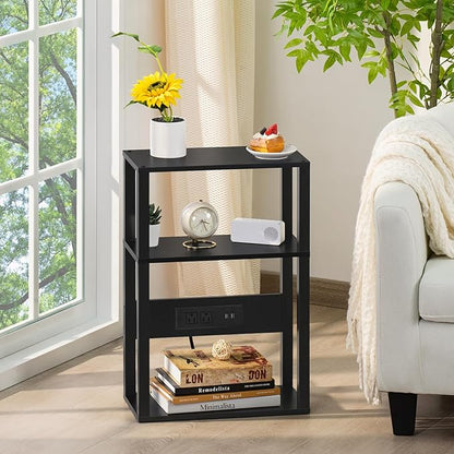 YUFAM 3-Tier Small Narrow Wood Side Table with Charging Station, Skinny Nightstand for Small Space, Slim Bedside Table with Storage for Couch, Thin End Table with USB Ports and Outlets, Black