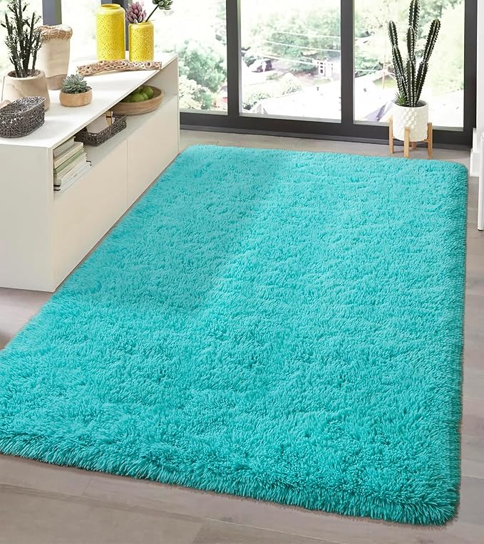 Andecor Soft Fluffy Bedroom Rugs, 4 x 6 Feet Indoor Shaggy Plush Area Rug for Boys Girls Kids Baby College Dorm Living Room Home Decor Floor Carpet, Teal Blue