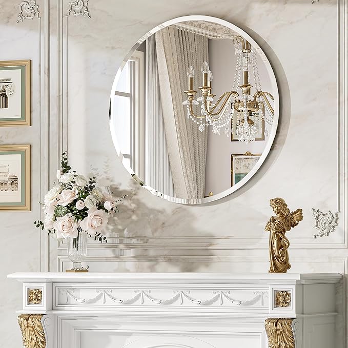 30 Inch Large Round Wall Mirror, Frameless Beveled Circle Mirror for Bathroom Vanity, Statement Decor Mirror for Living Room, Fireplace & Entryway, Solid Backed