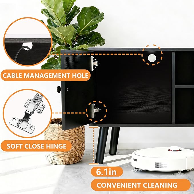 PayLessHere TV Stand for 55/60 Inch TVs,Modern Media Console with 2 Storage Cabinets and Open Shelves,Entertainment Center for Living Room, Bedroom,Black