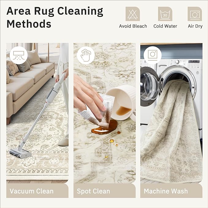 Soalmost 7x10 Area Rug for Living Room Washable Abstract Vintage Soft Thin Indoor Floor Non-Slip Carpet for Bedroom Dining Room Beige/Brown