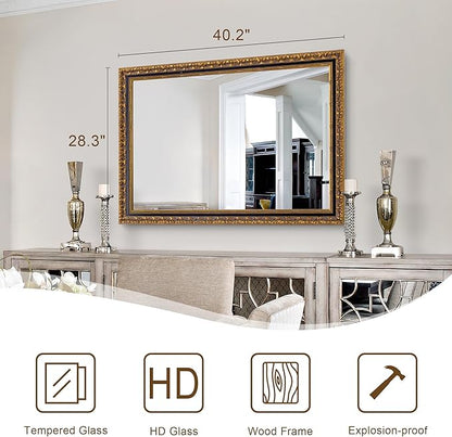 Chende Vintage Gold Mirror, 40''x28'' Large Living Room Mirror with Black Gold Wood Frame, Retro Ornate Mirrors Wall Decor for Dining Room, Entryway, Fireplace, Bathroom