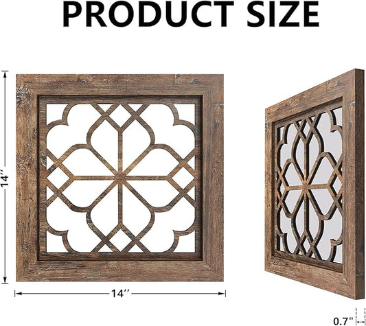Set of 4 14 Inch Square Redbrown Window Pane Wall Mirrors, Shatterproof Rustic Farmhouse Boho Vintage Decorative Mirrors for Living Room Bedroom Bathroom Entryway