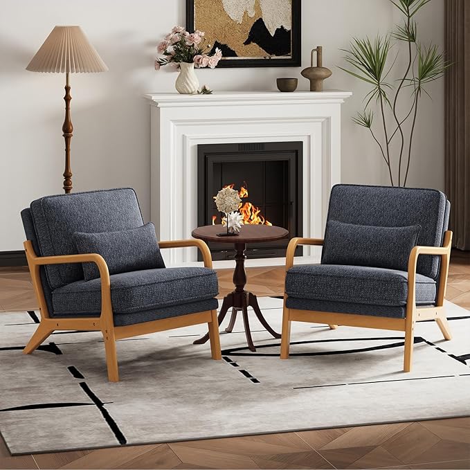 MALOL Accent Chair Set of 2 with Solid Wood Frame, Mid-Century Relaxing Armchair Lumbar Pillow& Soft Cushion, Reading Leisure Chair for Living Room, Bedroom, Waiting Room-Blue