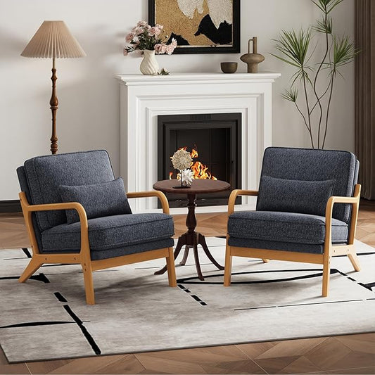 MALOL Accent Chair Set of 2 with Solid Wood Frame, Mid-Century Relaxing Armchair Lumbar Pillow& Soft Cushion, Reading Leisure Chair for Living Room, Bedroom, Waiting Room-Blue