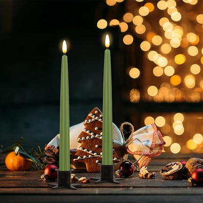 CVHOMEDECO. Flameless Taper Candles with 10-Key Remote, Battery Operated Led Flickering 3D Wick Window Candles Real Wax Finished Home Christmas Party Decor 0.78 x 11 Inch, Pack of 2, Sage Green