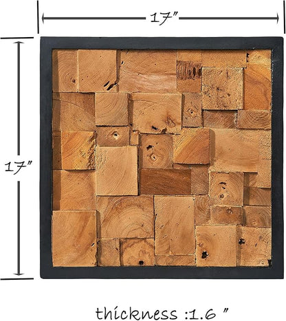 Greenage Reclaimed Teak Wood Wall Decor 17"x17" Farmhouse Simetris Square Wall Art Rustic Geometric Pattern Wall Hanging Decoration Wooden Frame Wall Panel for Home Living Room Bedroom