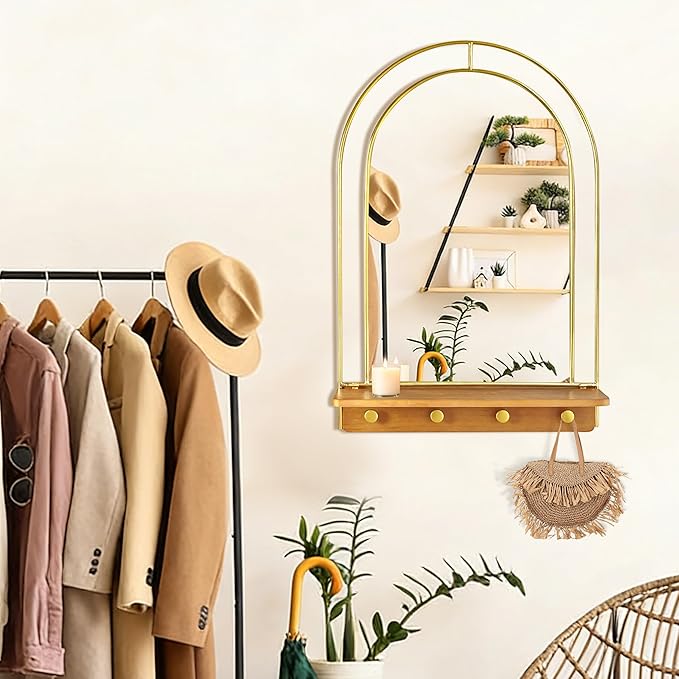 BAODANFU Gold Wall Mirror with Hooks, Arch Bathroom Mirror with Foldable Wood Shelf, 20x30 inches Arched Makeup Vanity Mirrors Decorative for Entryway, Bedroom, Dressing Room
