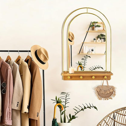 BAODANFU Gold Wall Mirror with Hooks, Arch Bathroom Mirror with Foldable Wood Shelf, 20x30 inches Arched Makeup Vanity Mirrors Decorative for Entryway, Bedroom, Dressing Room