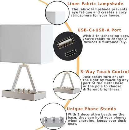 Briever Touch Control Table Lamp, 3-Way Dimmable Desk Lamp with USB C & A and AC Outlet, Bedside Lamp with Phone Stand and Fabric Shade for Bedroom, Living Room, Bulb Included, Silver