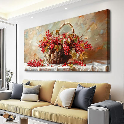 hyidecorart Large Canvas Print Wall Art Rustic Dining Room Artwork For Walls Still Life Bamboo Basket And Fruit Vintage Wall Decor Modern Pictures For Living Room Kitchen Bar Paintings Ready To Hang