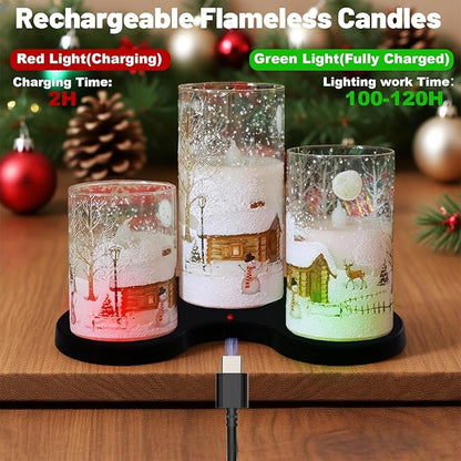 Snowman Glass Flameless Candles Rechargeable Battery Operated with Remote and Timer Real Wax LED Flickering Pillar Candles White Cold Light Window Christmas Holiday Decor D3 x 4",5",6"
