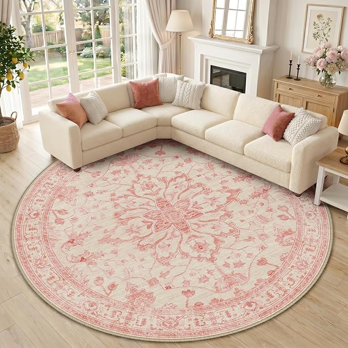 RELEANY Area Rugs Round 10ft Washable Non-Slip, Floral Vintage Distress Print Pattern Medallion Carpet for Living Room Bedroom Dining Room, Pink Light Vintage Pink