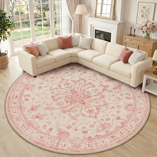 RELEANY Area Rugs Round 10ft Washable Non-Slip, Floral Vintage Distress Print Pattern Medallion Carpet for Living Room Bedroom Dining Room, Pink Light Vintage Pink