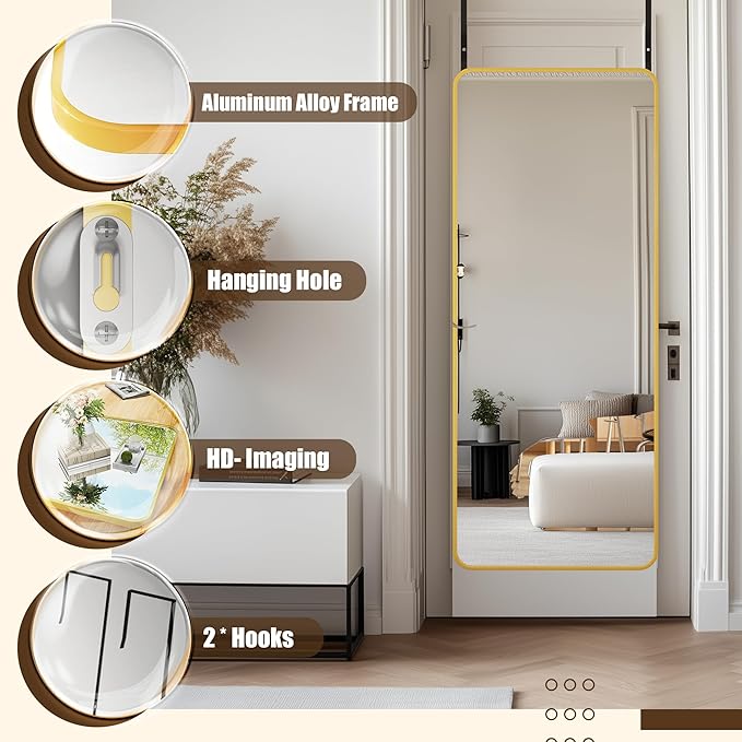Antok Over The Door Mirror Full Length, 58'' x 21''Wall Mounted Hanging Mirror, Aluminum Alloy Frame, Shatterproof Glass, No Drill Installation for Bedroom, Closet, Bathroom, Dorm, Round Corner,Gold
