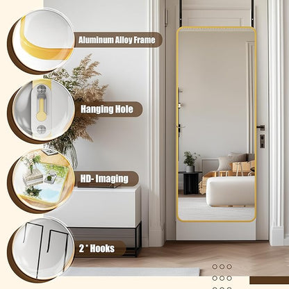 Antok Over The Door Mirror Full Length, 58'' x 21''Wall Mounted Hanging Mirror, Aluminum Alloy Frame, Shatterproof Glass, No Drill Installation for Bedroom, Closet, Bathroom, Dorm, Round Corner,Gold