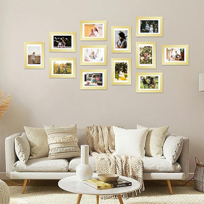 JCJMY 12 Packs 4x6 Picture Frames Bulk, Display 3.5x5 with Mat or 4x6 Without Mat, Gold Gallery Frame Set, 4 by 6 Frames Bulk Set of 12, Collage Wall Decor Photo Frame Set for Wall and Tabletop, Gold