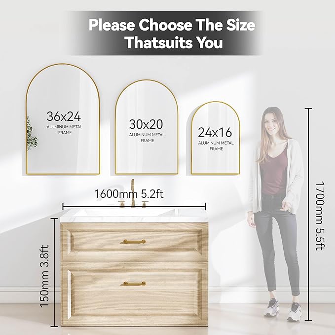 SCWF-GZ 24x36 Arch Mirror Rectangle Full Length Wall Mounted Hanging or Against Wall Metal Aluminum Alloy Frame Dressing Make-up Mirrors for Entryway Bedroom Bathroom Living Room 24 36 inch Gold