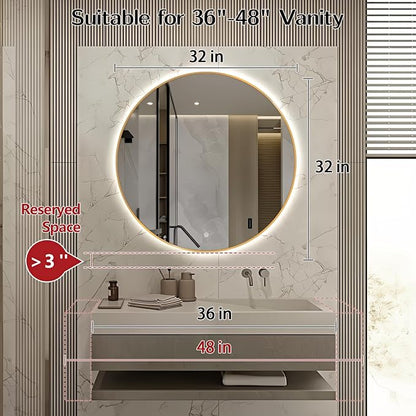 Niccy 32" LED Backlit Round Mirror for Bathroom, Gold Framed Vanity Light Wall Mirror, LED Smart Circle Mirrors with 3 Lighting Colors, Round Lighted Mirror with Anti-Fog, IP65 Waterproof