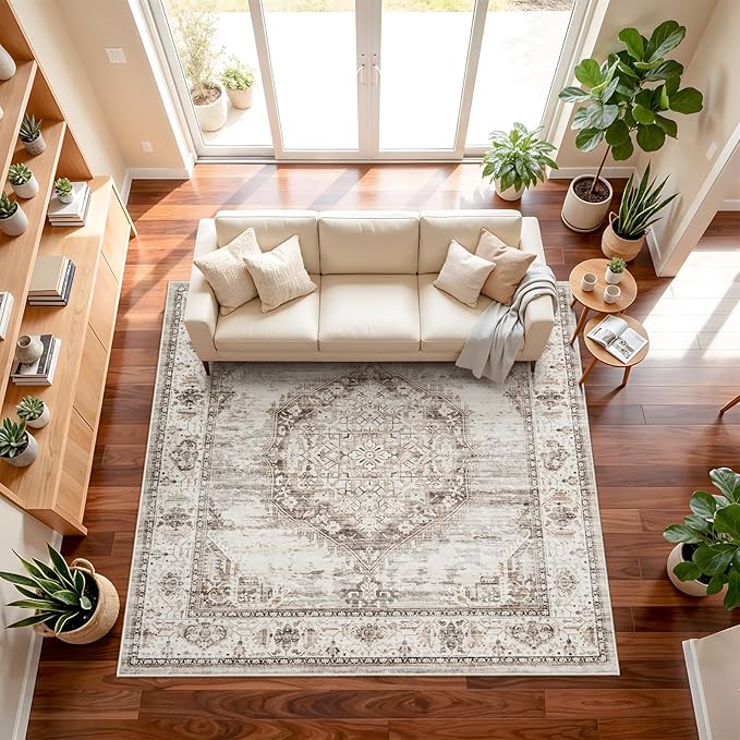 10x10 Square Area Rug: 10ft Square Washable Living Room Rugs Ultra Thin Soft Oriental Non-Slip Backing Farmhouse Rug Low Pile Thin Stain Resistant Indoor Carpets, 10' x 10' Beige